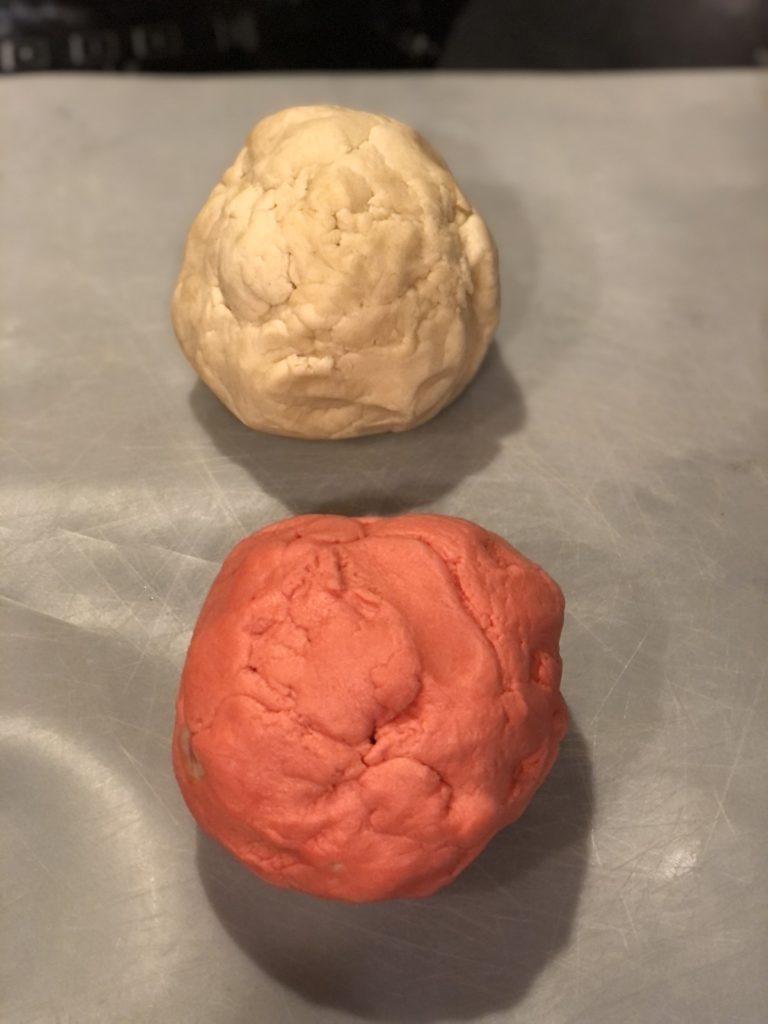 1 red 1 white ball of dough
