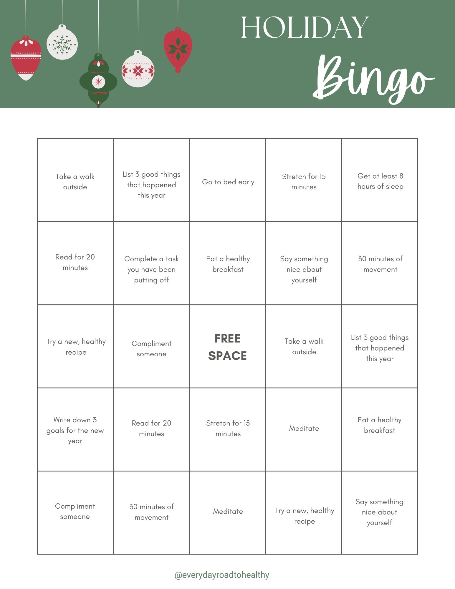 Holiday Bingo for Self Care